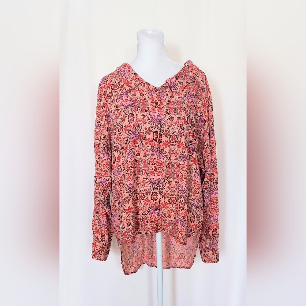 Roper Floral Print Button Up Shirt Pink Brown Size Medium